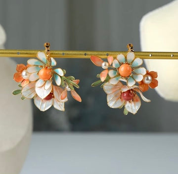 Cute Bright Flower Baroque Earrings Handmade Leaf Rhinestone Ear Clips