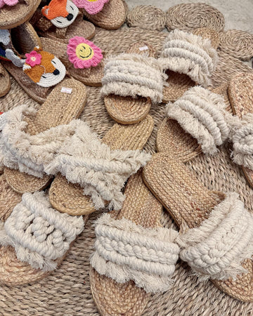 Handmade Macrame Sandals Ivory Color Tassels Knitted Beach Slippers Shoes Women