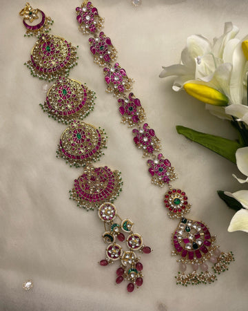 Kundan and Polki Maang Tikka with Ruby and Emerald Stones