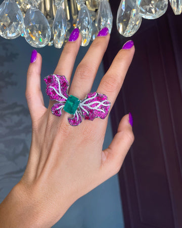 Monarch 18K White Gold Butterfly Ring - White Diamonds & Emerald