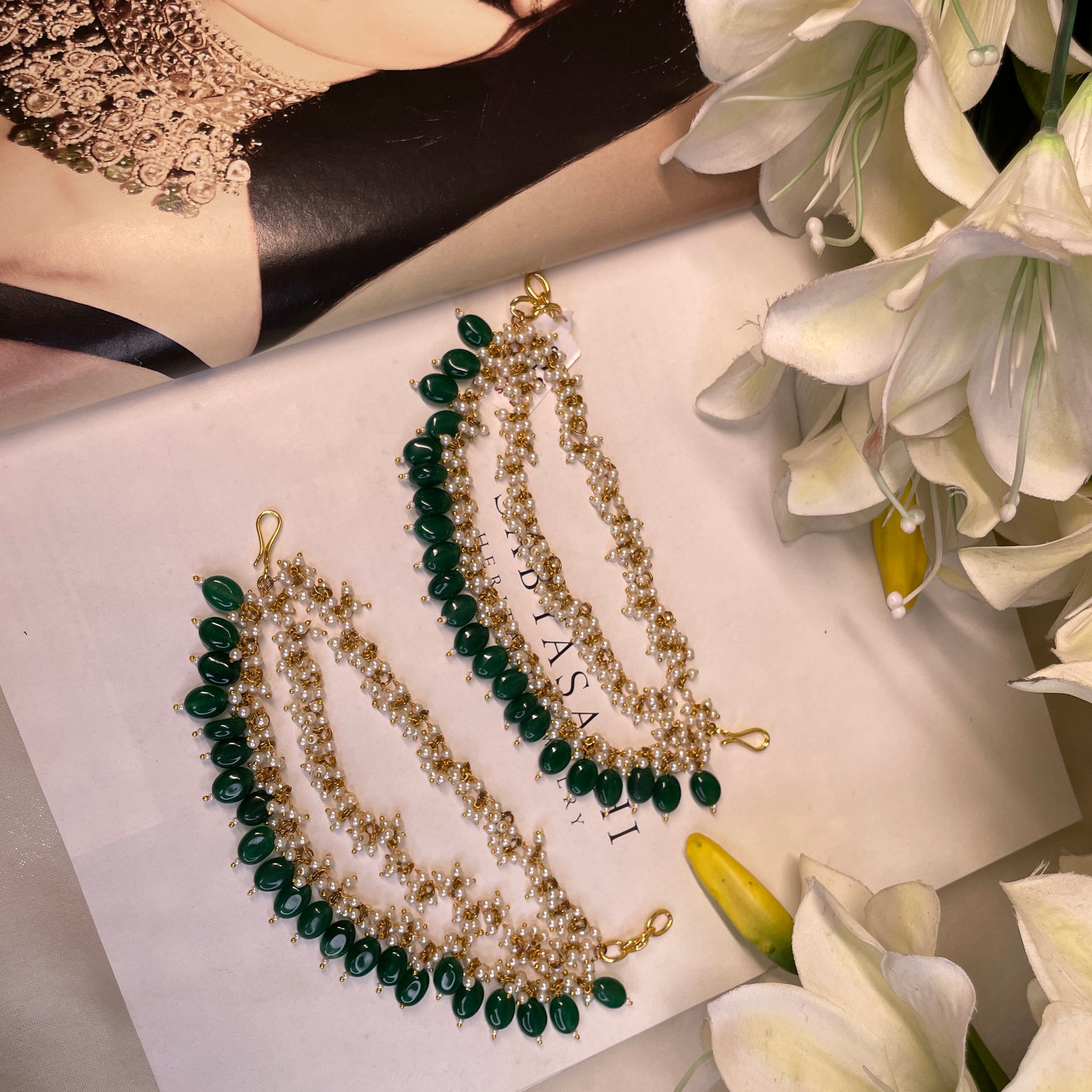 Nandini pearl earchains - Dark Green