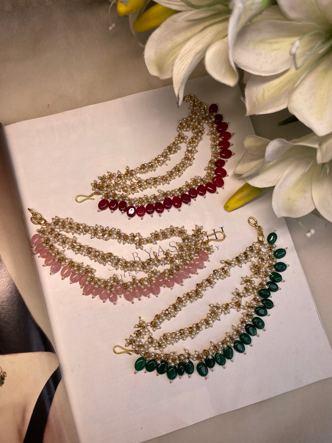Nandini pearl earchains - Dark Green
