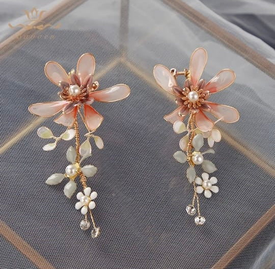 Cute Pinky Leaves Brides Ear clip Evening Earrings