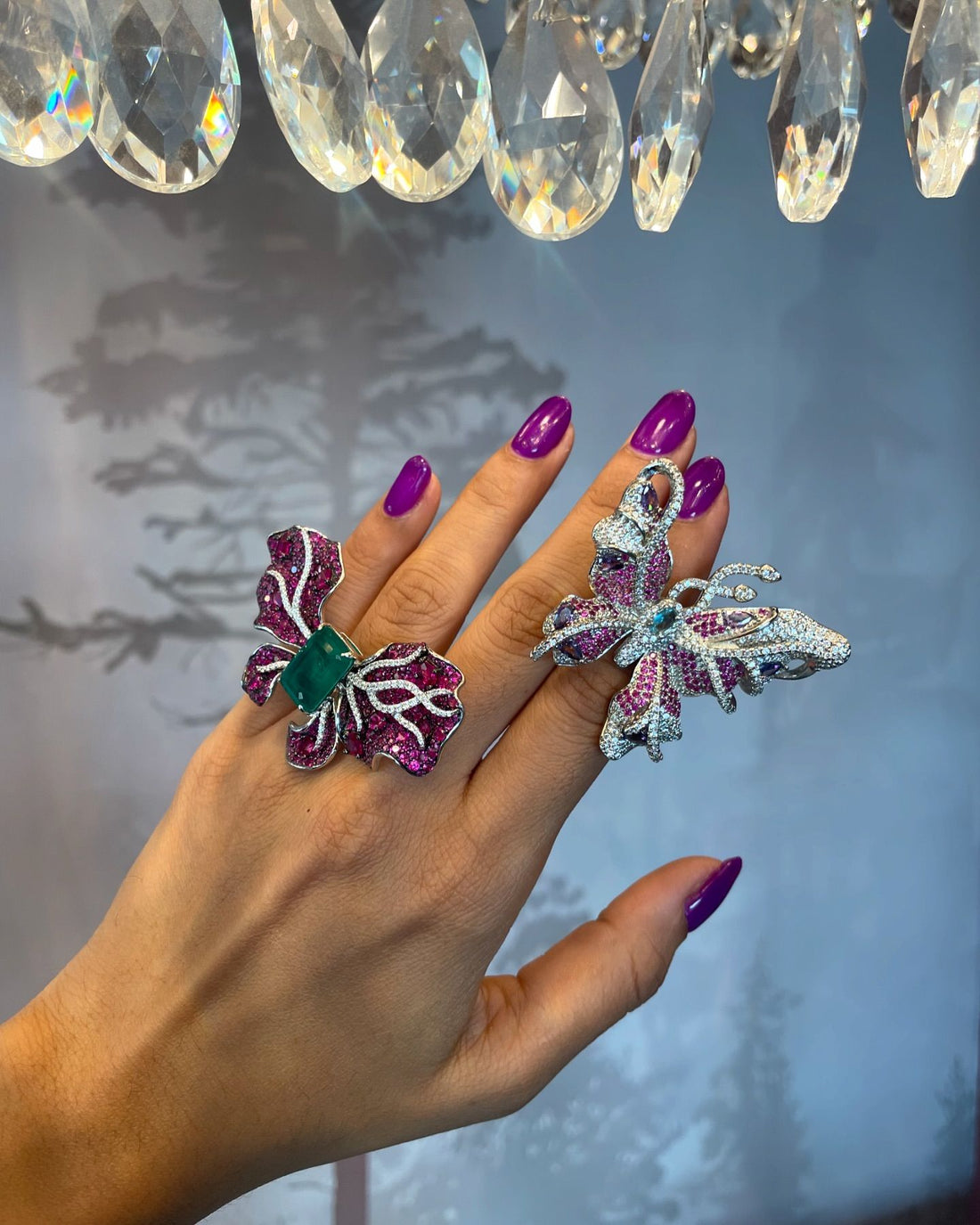 Monarch 18K White Gold Butterfly Ring - White Diamonds & Emerald
